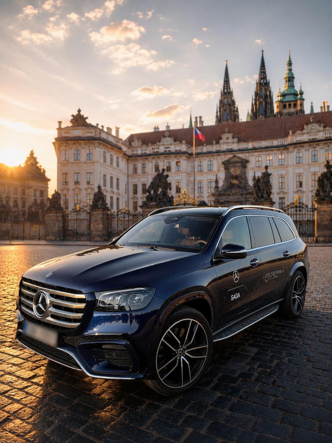 Navy Mercedes SUV with SAGA lettering on cobblestones before a palace gate and cathedral spires at sunset