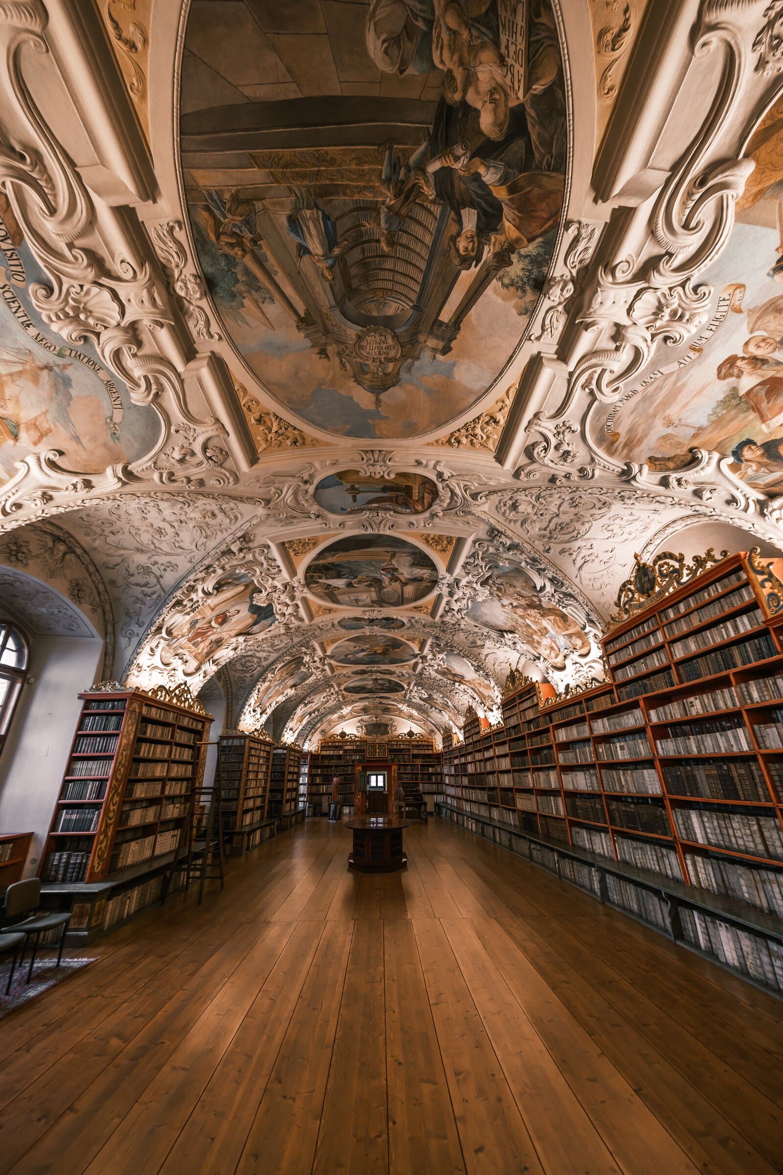 Library hall with a frescoed, stucco-framed ceiling above long rows of wooden bookcases