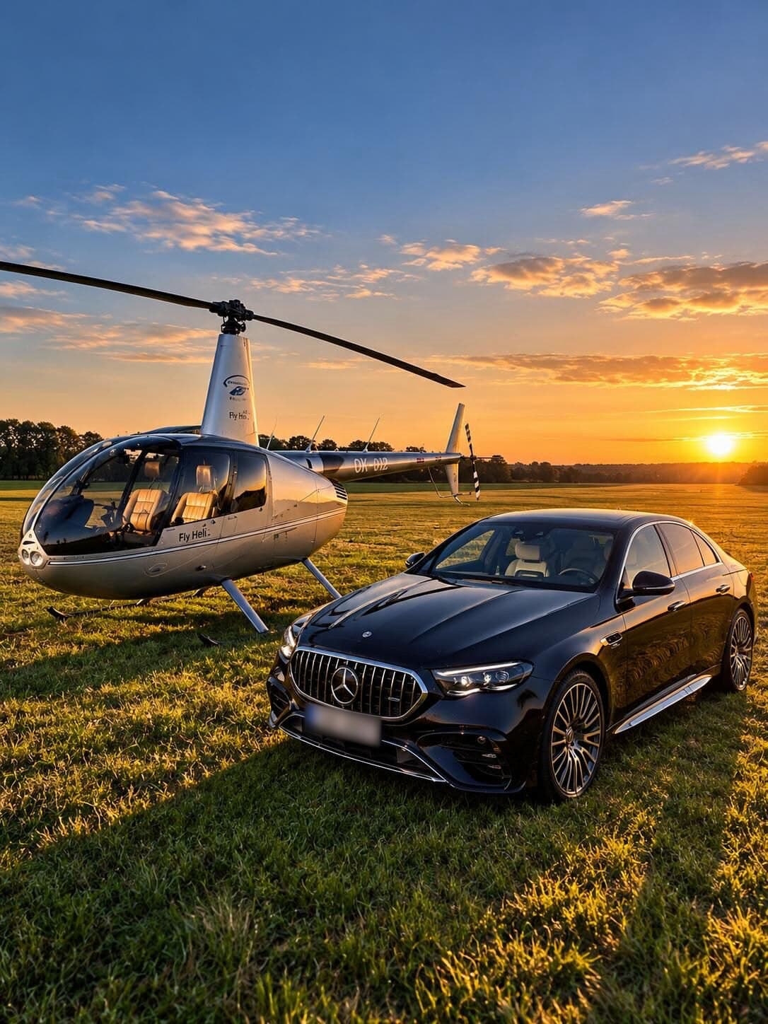 A black Mercedes sedan beside a silver helicopter on a grass field at sunset