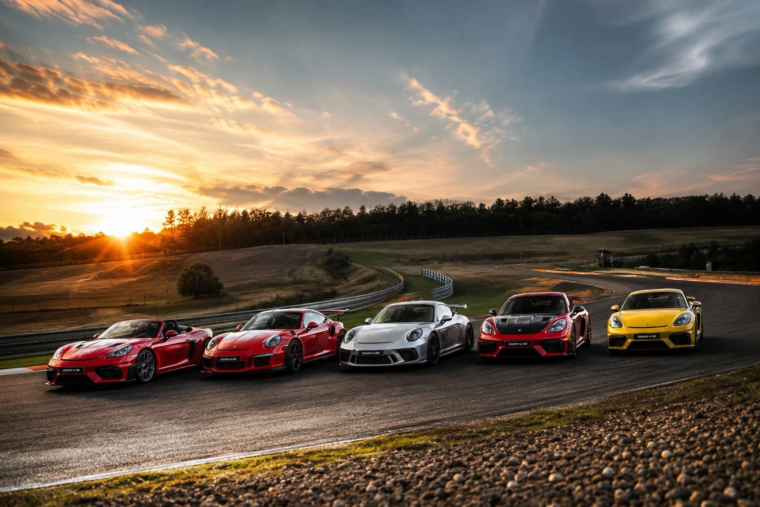 Five Porsche sports cars, red, silver and yellow, lined up on a race track bend at sunset