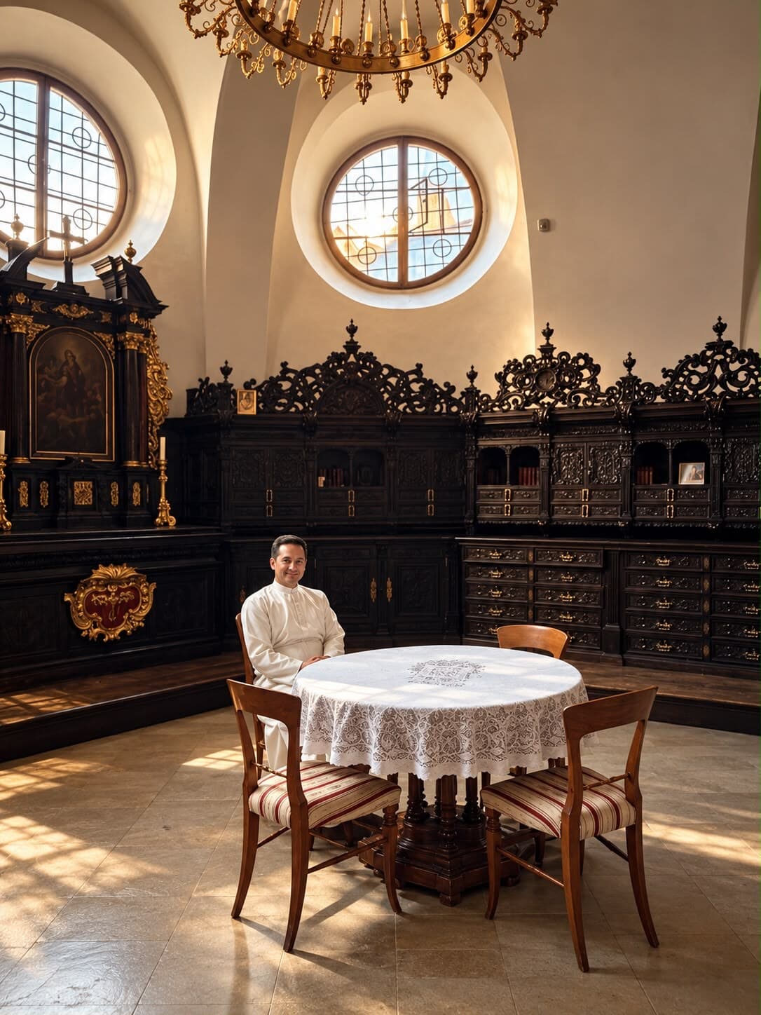 Round table with a white lace cloth and four chairs in a vaulted hall with carved dark cabinets, a gilded altar and round windows; a man in white sits at the table